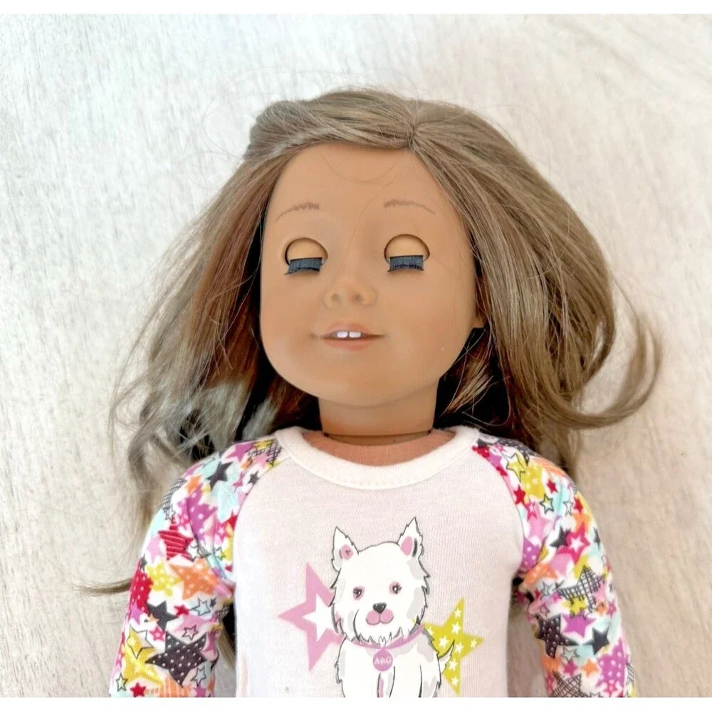 American Girl Truly Me 59 Doll 18” Brown Hair Eyes in Coconut the pup PJs Set
